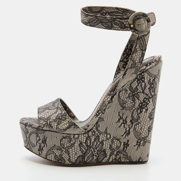 Dolce & Gabbana Black/white Chantilly Lace Printed Wedge Sandals Size 38.5